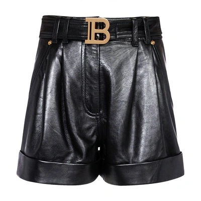 Shop Balmain High Waisted Leather Shorts In Noir