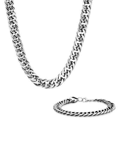 Shop Anthony Jacobs Men's 2-piece Stainless Steel Cuban Link Chain Bracelet & Necklace Set In Neutral