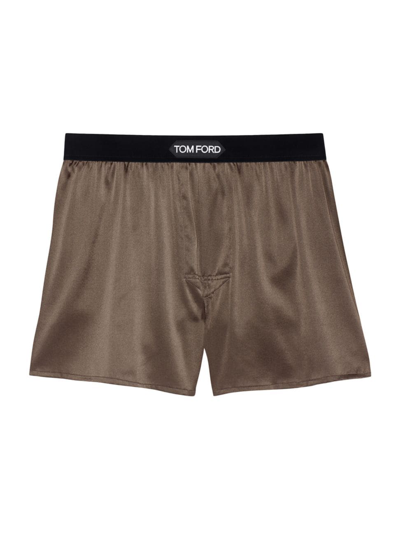 Shop Tom Ford Men's Stretch-silk Logo Boxer Shorts In Walnut