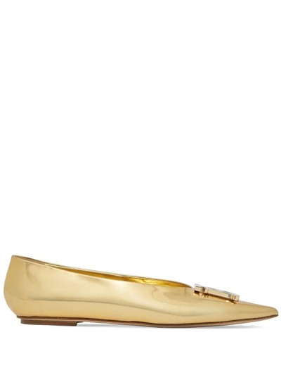 Shop Burberry Logo-plaque Pointed Ballerina Shoes In Gold