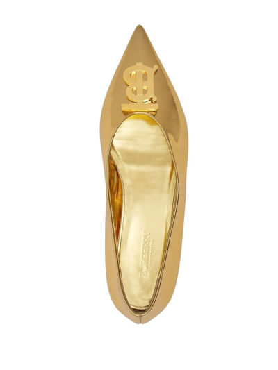 Shop Burberry Logo-plaque Pointed Ballerina Shoes In Gold