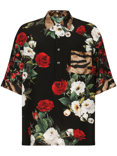 Shop Dolce & Gabbana Rose-print Silk Hawaii Shirt In Black