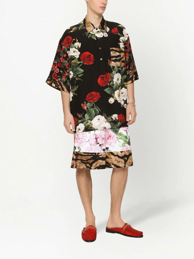 Shop Dolce & Gabbana Rose-print Silk Hawaii Shirt In Black