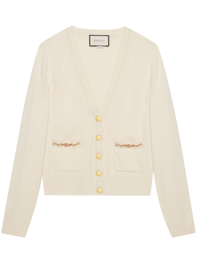 Shop Gucci Chain-embellished Cashmere Cardigan In White