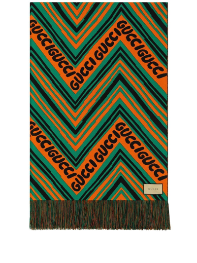 Shop Gucci Striped Chevron Wool Blanket In Orange