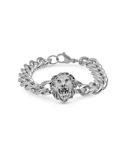 Shop Steeltime Men's Stainless Steel Lion Head Chain Link Bracelet In Silver-tone