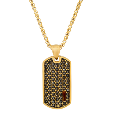 Shop Steeltime Men's 18k Gold Plated Stainless Steel Simulated Diamonds And Tiger Eye Dog Tag Pendant