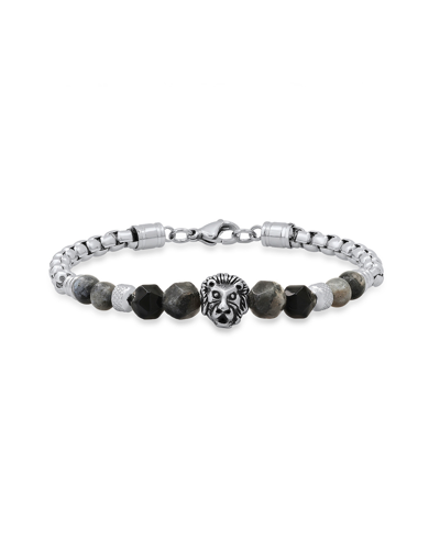 Shop Steeltime Men's Stainless Steel Curb Chain Link Bracelet And Black Or Gray Agate Stones With Lion Charm In Multi