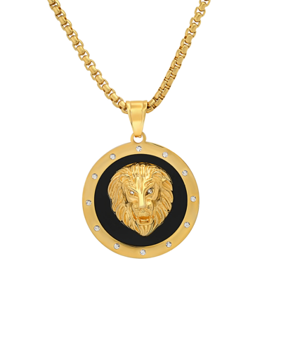 Steeltime Men's 18k Gold Plated Stainless Steel, Black Enamel And Simulated Diamonds Lion Head Round Pendant In Gold Plated