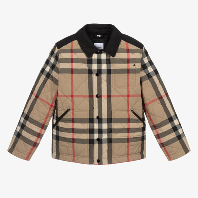 Shop Burberry Boys Teen Beige Check Quilted Jacket