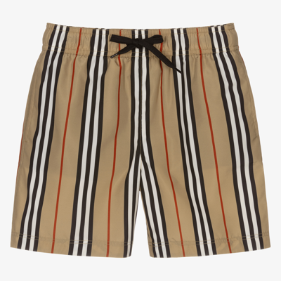 Shop Burberry Boys Teen Icon Stripe Swim Shorts In Beige