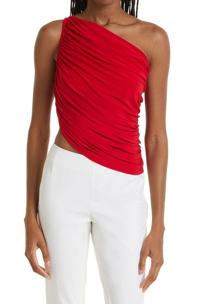 Shop Norma Kamali Diana One-shoulder Swim Top In Tiger Red