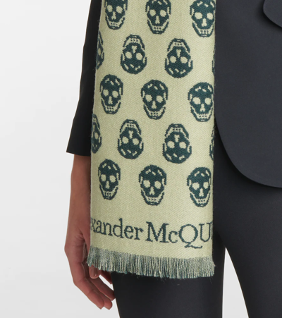 Shop Alexander Mcqueen Wool Scarf In Kaki/dark Grey