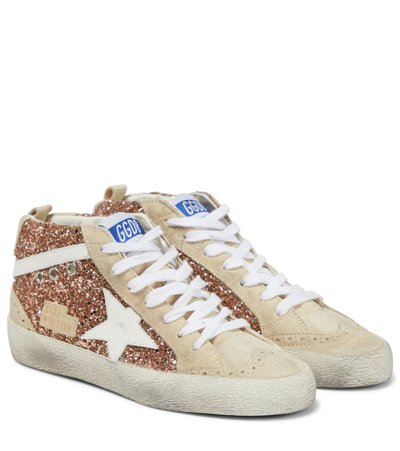 Shop Golden Goose Mid Star Glitter Sneakers In Silver/taupe