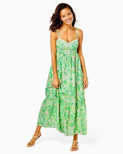 Fit And Flare, Ankle Length Maxi Dress With Empire Waist, Tall Hem Ruffle, Smocked Back Panel, Adjus Women's Hiedi Cotton Maxi Dress In Baby Pink, Fins And Flippers - Lilly Pulitzer