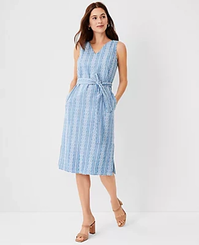 Shop Ann Taylor Petite Embroidered Chambray V-neck Midi Dress In Blue Mist Chambray