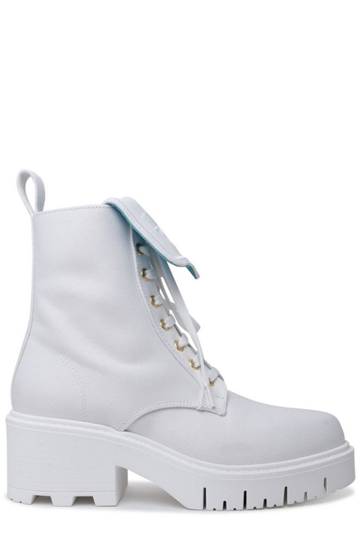 Shop Chiara Ferragni Logo Embossed Denim Boots In White