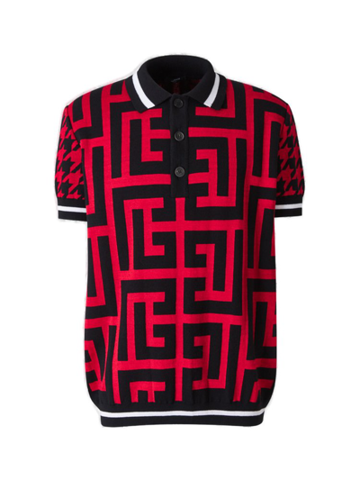 Balmain Men's Mega Monogram & Houndstooth Knit Polo Shirt In Nero+rosso |  ModeSens