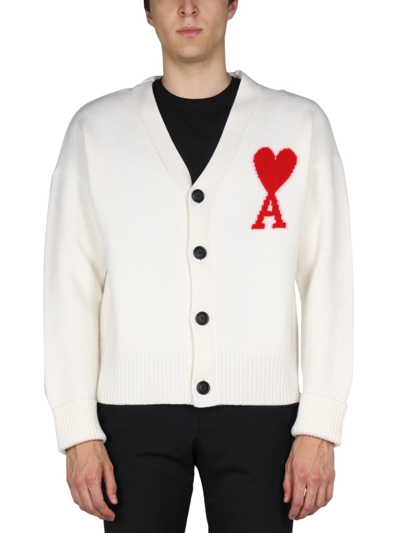 Shop Ami Alexandre Mattiussi "coeur" Logo Cardigan  Unisex In White