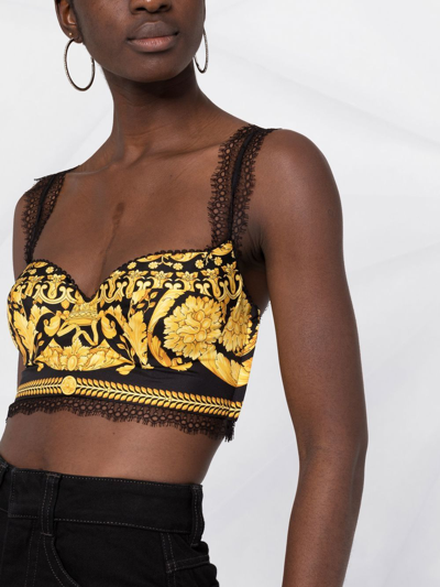 Versace Lace-trimmed Printed Silk-twill Bralette In Black