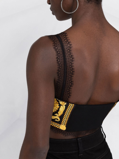 Versace Lace-trimmed Printed Silk-twill Bralette In Black