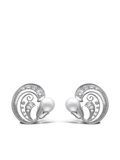 18K白金珍珠钻石螺旋设计夹扣式耳环