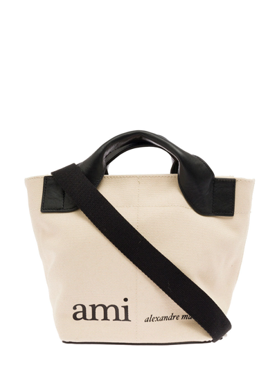 Shop Ami Alexandre Mattiussi Man's Market Cotton Handbag With Logo In Beige