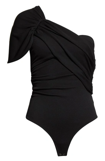 Shop Goldsign The Riza Ruched One-shoulder Bodysuit In Black