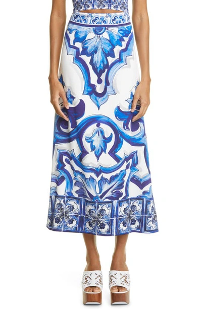 Shop Dolce & Gabbana High Waist Stretch Silk Charmeuse A-line Midi Skirt In Ha3tn Tris Maioliche F.bco