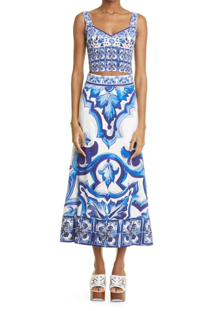 Shop Dolce & Gabbana High Waist Stretch Silk Charmeuse A-line Midi Skirt In Ha3tn Tris Maioliche F.bco