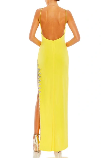 Shop Mac Duggal Rhinestone Slit Scoop Neck Body-con Gown In Yellow