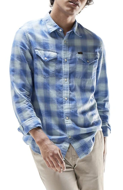 Shop Lee Western Plaid Snap-up Shirt In Mint Blue