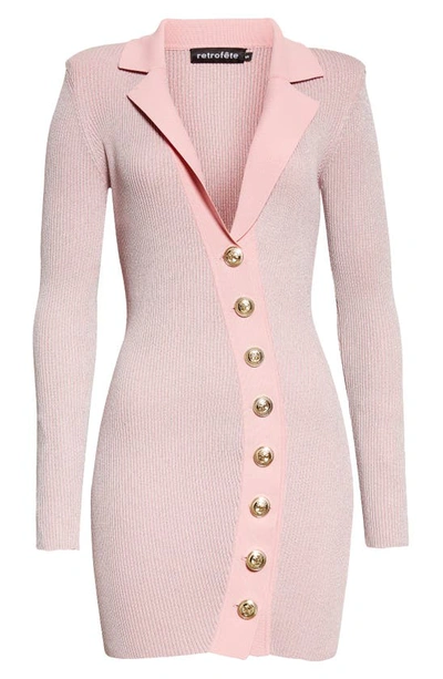 Shop Retroféte Mimi Button Front Long Sleeve Rib Dress In Pink Marshmallow