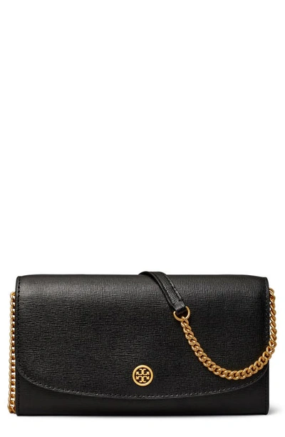 Shop Tory Burch Robinson Leather Wallet On A Chain In Black