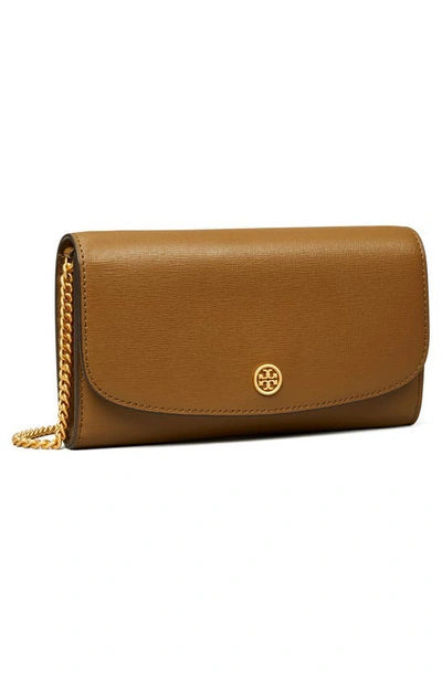 Shop Tory Burch Robinson Leather Wallet On A Chain In Bistro Brown