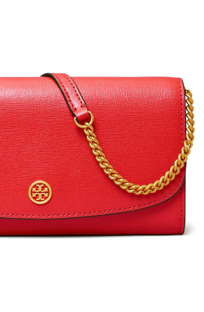 Shop Tory Burch Robinson Leather Wallet On A Chain In Bright Carnelia