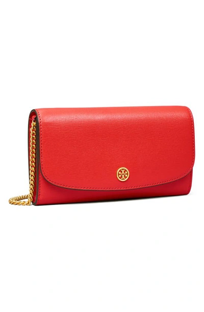 Shop Tory Burch Robinson Leather Wallet On A Chain In Bright Carnelia