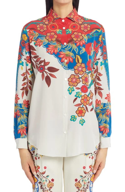 Shop Etro Floral Print Silk Button-up Shirt In White