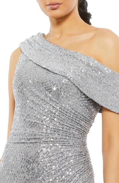 Shop Mac Duggal Metallic One-shoulder Evening Gown In Platinum