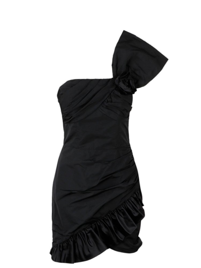 Shop Alessandra Rich Rose Embroidered One Shoulder Midi Dress In Black