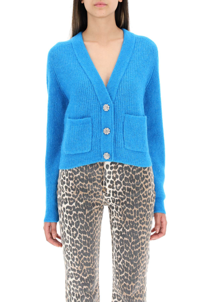 Shop Ganni Boxy Cardigan With Jewel Buttons In Blue