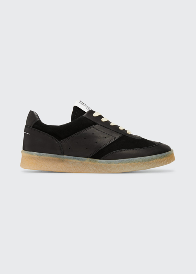 Shop Mm6 Maison Margiela Court Mixed Leather Low-top Sneakers In Black