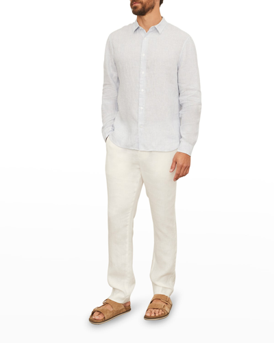 Shop Vince Men's Striped Linen Sport Shirt In Ceruleanoff White
