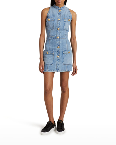 Shop Balmain 4-pockets Denim Mini Dress In Lt Blue