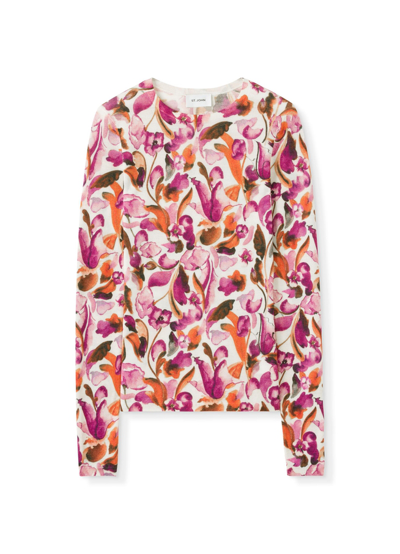 Shop St John Watercolor Floral Print Crewneck Sweater In Fuchsia Multi