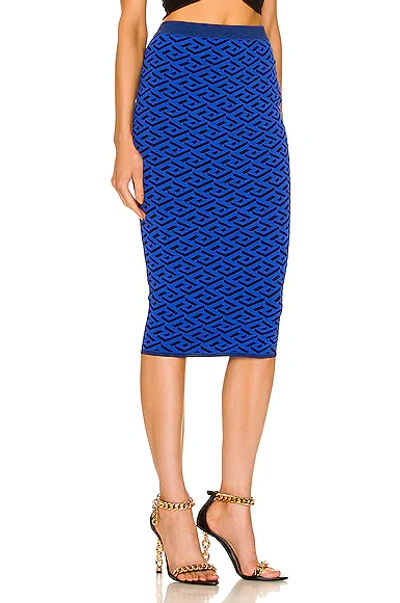 Shop Versace La Greca Midi Skirt In Royal Blue