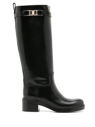 Ferragamo Tall Square-toe Boots Gold Hardware In Black