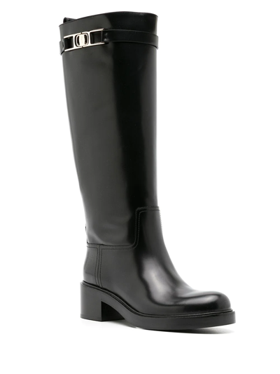 Ferragamo Tall Square-toe Boots Gold Hardware In Black