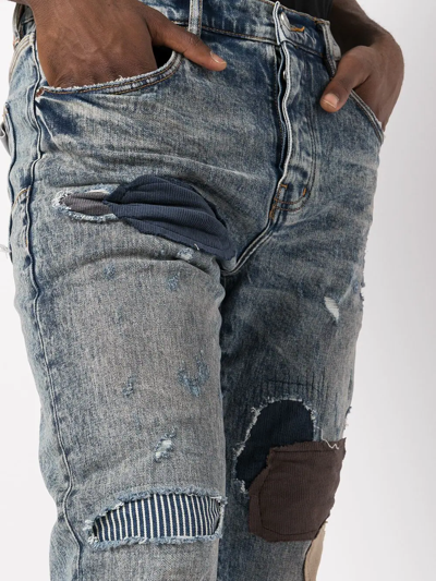 Purple Brand Patchwork Low-rise Slim Jeans In Blue