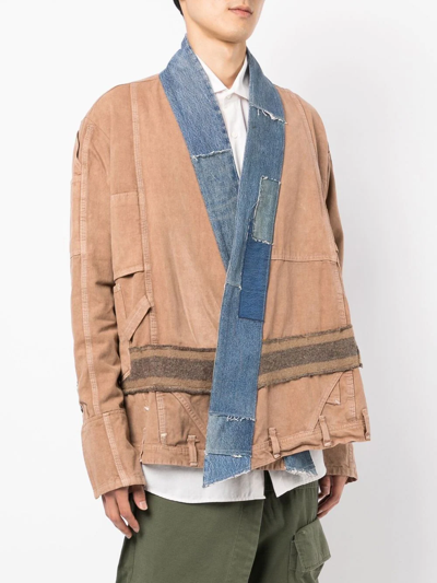 Greg Lauren Patchwork-design Denim-trim Jacket In Brown